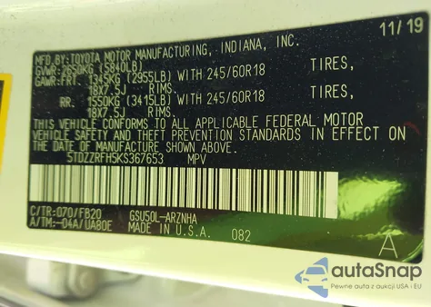 2019 Toyota Highlander Le z USA, uszkodzony, nr VIN 5TDZZRFH5KS367653